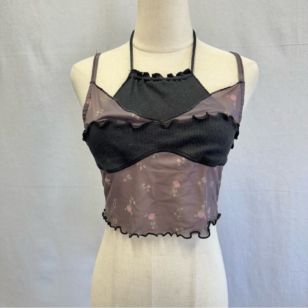Urban Outfitters Layered Cropped Cami Mesh Floral Print Ribbed Panel Size Medium